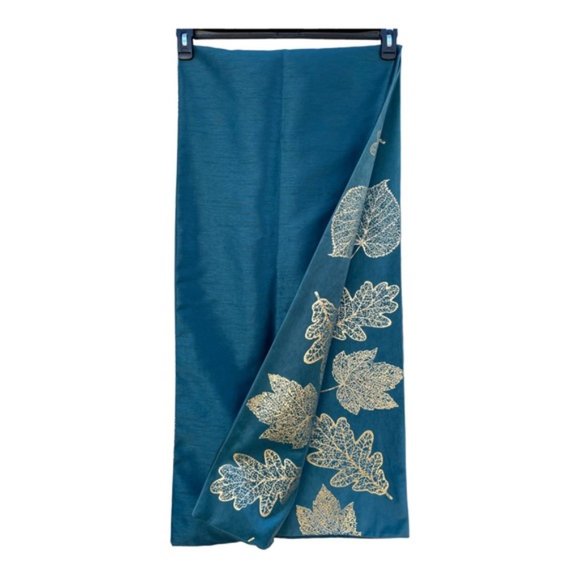 Autumn Gold Filigree Leaves Blue Table Runner with Beaded Stems 16"x 72" - Picture 3 of 8